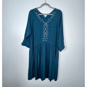 Garnet Hill Dress Size 14 Green Bohemien Pocket Crepe Embroidered Green Western